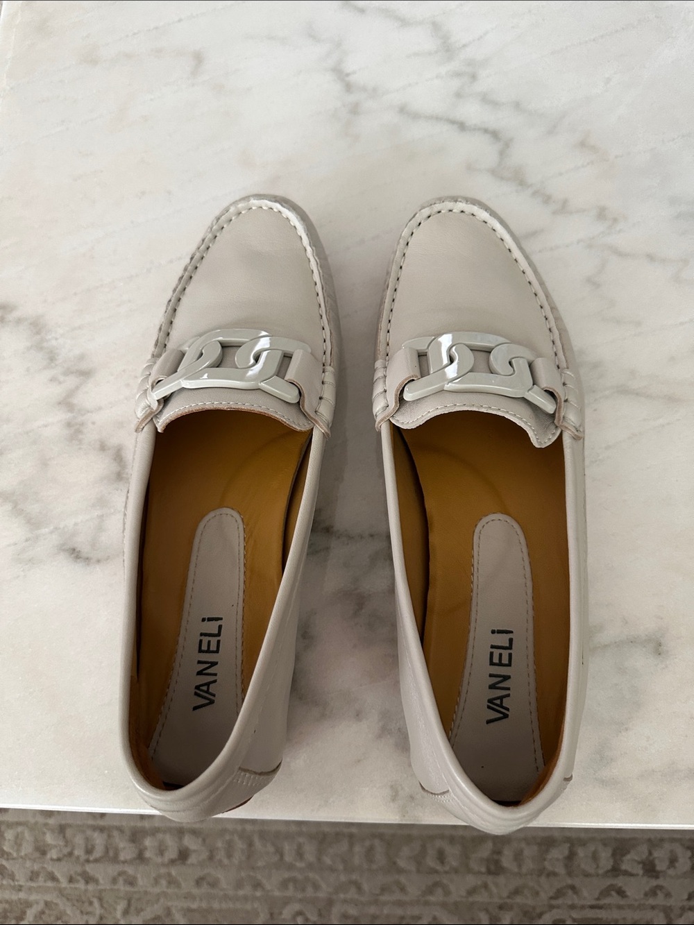 Vaneli Women's Light Cream Leather Chain-Trim Loafers